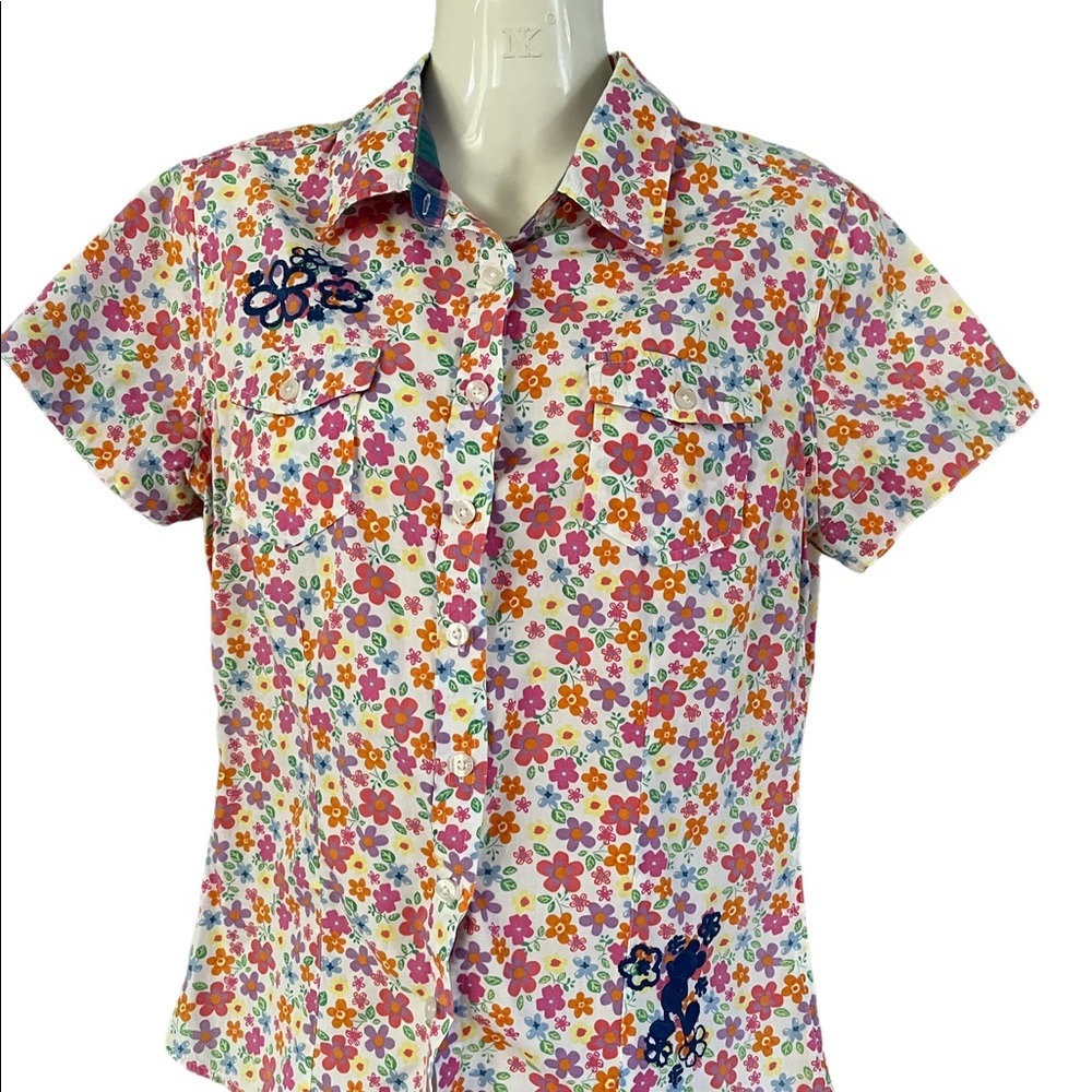 Disney Parks original pink plaid floral Hawaiian button down woman’s shirt small